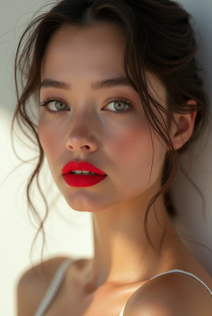 Belle femme avec du rouge à lèvres. Visage de belle femme, Détails fins, Peau imparfaite, Haute qualité, Haute qualité. Des couleurs claires et vraies. Seins nues.