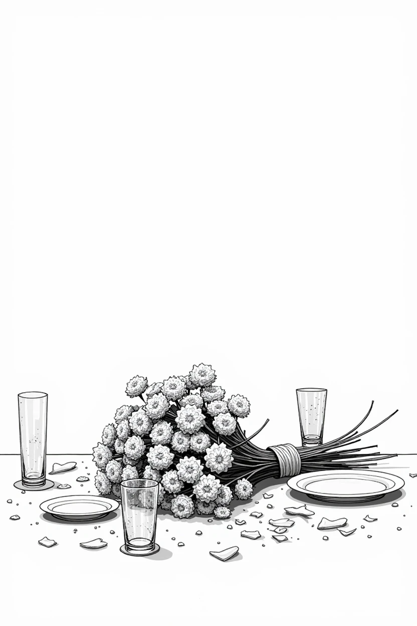 A simple drawing of a bouquet of dead flowers lying on the dining table, There are knocked over plates and glasses on the table, simple sketch style, Draft, only lines, black andwhite