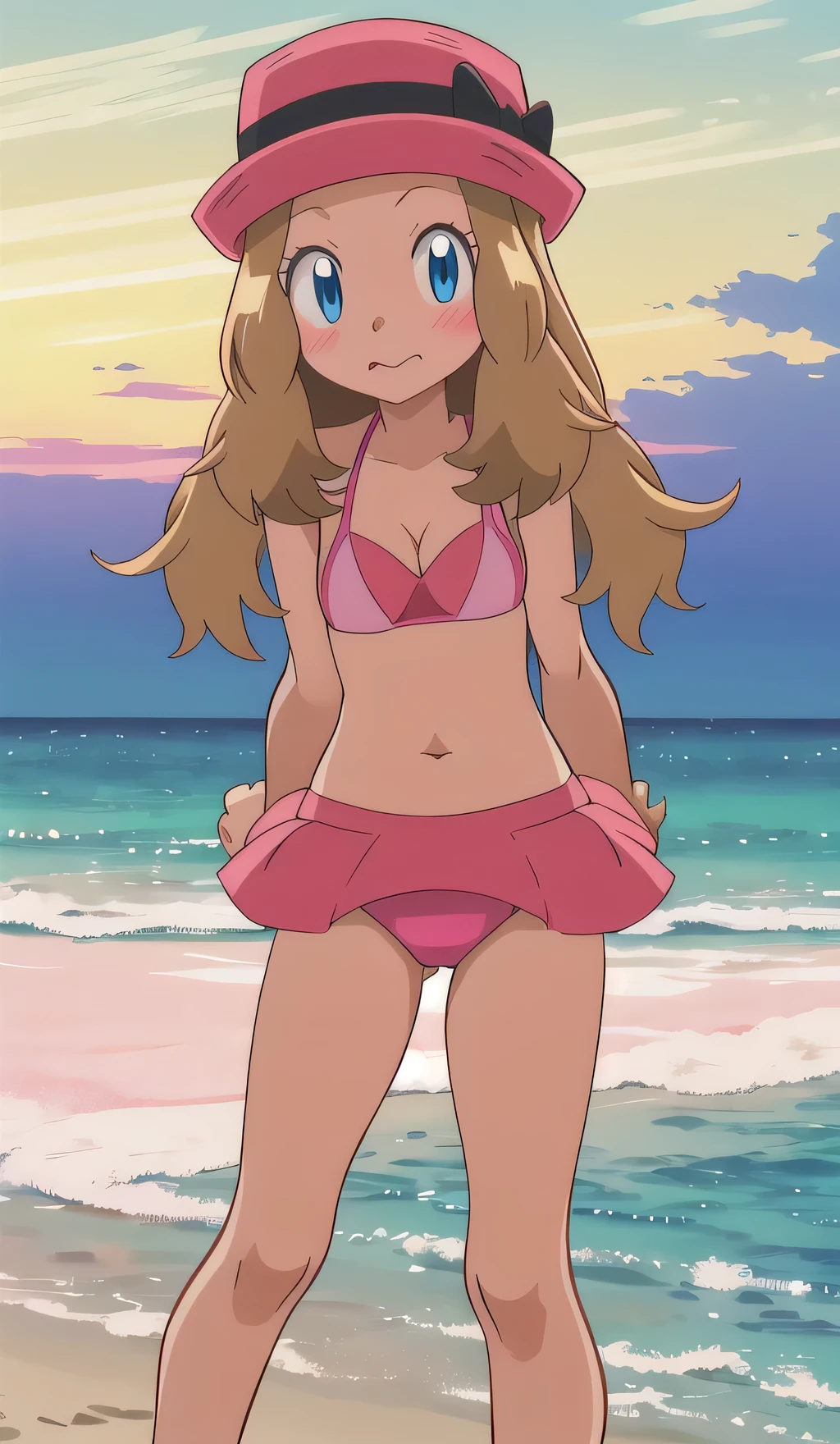 ((cute bikini)),masterpiece, best quality, highres, outdoors, 1girl, solo, serena (pokemon), pink headwear, looking at viewer, (Put your arms behind your back),at night,Beach,(blush),Embarrassment,(medium breast,cleavage),