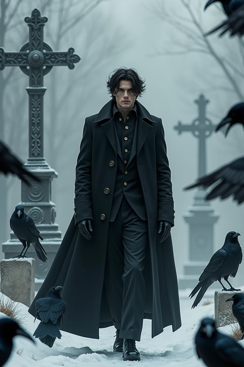 Handsome guy, in black clothes. Wide, black pants, and a long, black coat. Even and beautiful facial features, as well as dark hair. Everything is done in realism, more reality and the guy himself is real. it is winter, he is wearing a slightly warm coat. also, there are a lot of crows and snow, blockages, crosses everywhere. he stands in a beautiful pose, there is smoke everywhere. closer to the screen, black feathers of crows. crows fly  more iron crosses and the guy is closer to the screen 