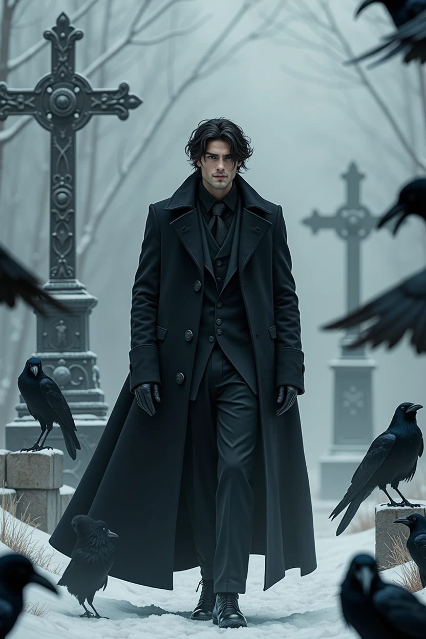 Handsome guy, in black clothes. Wide, black pants, and a long, black coat. Even and beautiful facial features, as well as dark hair. Everything is done in realism, more reality and the guy himself is real. it is winter, he is wearing a slightly warm coat. also, there are a lot of crows and snow, blockages, crosses everywhere. he stands in a beautiful pose, there is smoke everywhere. closer to the screen, black feathers of crows. crows fly  more iron crosses and the guy is closer to the screen 