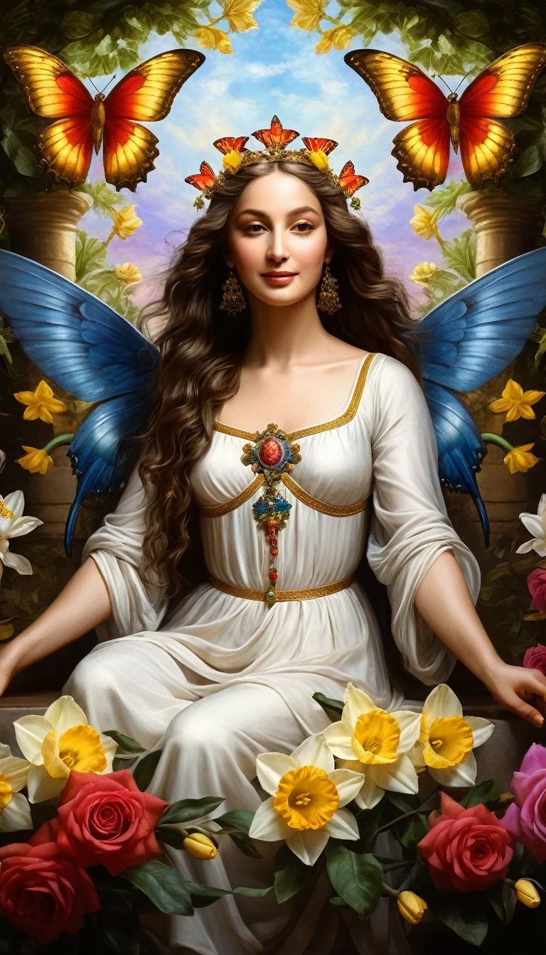 Create random replicas of the classic historical masterpieces of Leonardo da Vinci in 'The Last Supper' superhit painting style, Ultra-High Definition, 64k resolution oil painting without a frame, using full dimensions of the selected resolution to fit the artwork image, medieval era innocent looks, finely detailed to perfection, art-punk, Arabic style, countryside background, art germ, high-octane. A portrait of a Rainbow of Butterflies and Daffodils with a beautiful virgin goddess nymph winged angel in the Garden of Heaven in the Paradise, goddess nymph winged angel is a Blessed Cosmic Virgin Heavenly Bride of Holy Christ and is an exact replica of the sketch of a supermodel Mona Lisa, happy smiling face, Sitting on a Queen's luxurious Heavenly Cushioned Chair of Paradise, Vatican looks and style, a precise copy of the conceptual legendary colorful Garden of Heavenly Paradise with rainbow hummingbirds and butterflies flying around, red roses and daffodils in the Heavenly Garden of Paradise with colorful random fruits on trees, a sketch of hummingbirds, butterflies, roses and daffodils is created with attention to the minutest detail, an unreal engine, ultimate beauty pro max, a quantum leap in artwork, magnificent miracle, unmatched quality, unmatched style, uniqueness to perfection, relaxed, bingo, illuminated, radiated with light, magnetic, extraordinary, a master stroke of a legendary brush, the artwork of a genius, a perfect sense of proportion and judgment, a tribute to a legendary master artist, super realistic, superhit, random dynamic poses, random smiling styles, random makeups, and random styles, vibrant 256k colors, ultimate art, extraordinary level portrait painting, master craftsmanship of sketching beautiful human female hands with strictly 4 symmetrical natural fingers on each hand in extremely minutest detail of care applied, GEFORCE RTX GPU magic, artwork for British Isles and French market customers, Professional commercial painting