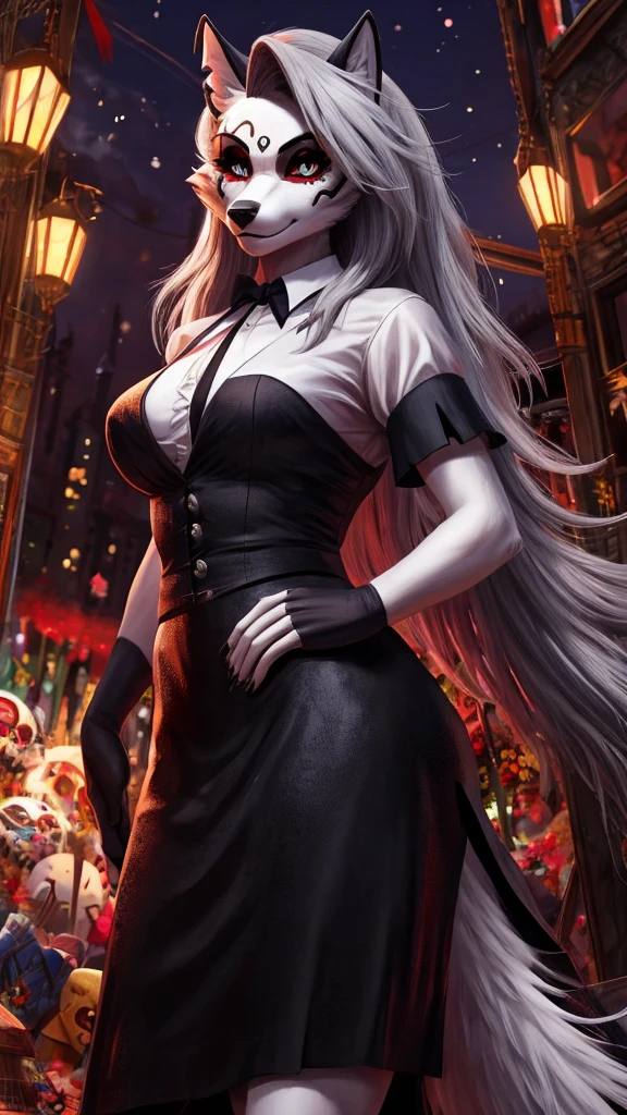 Loona from Helluva Boss, female wolf, mature adult, anthro, white shirt with black tie, black skirt, tall female, Dia De Los Muertos facepaint, detailed, solo, beautiful, high quality, full body, 4K