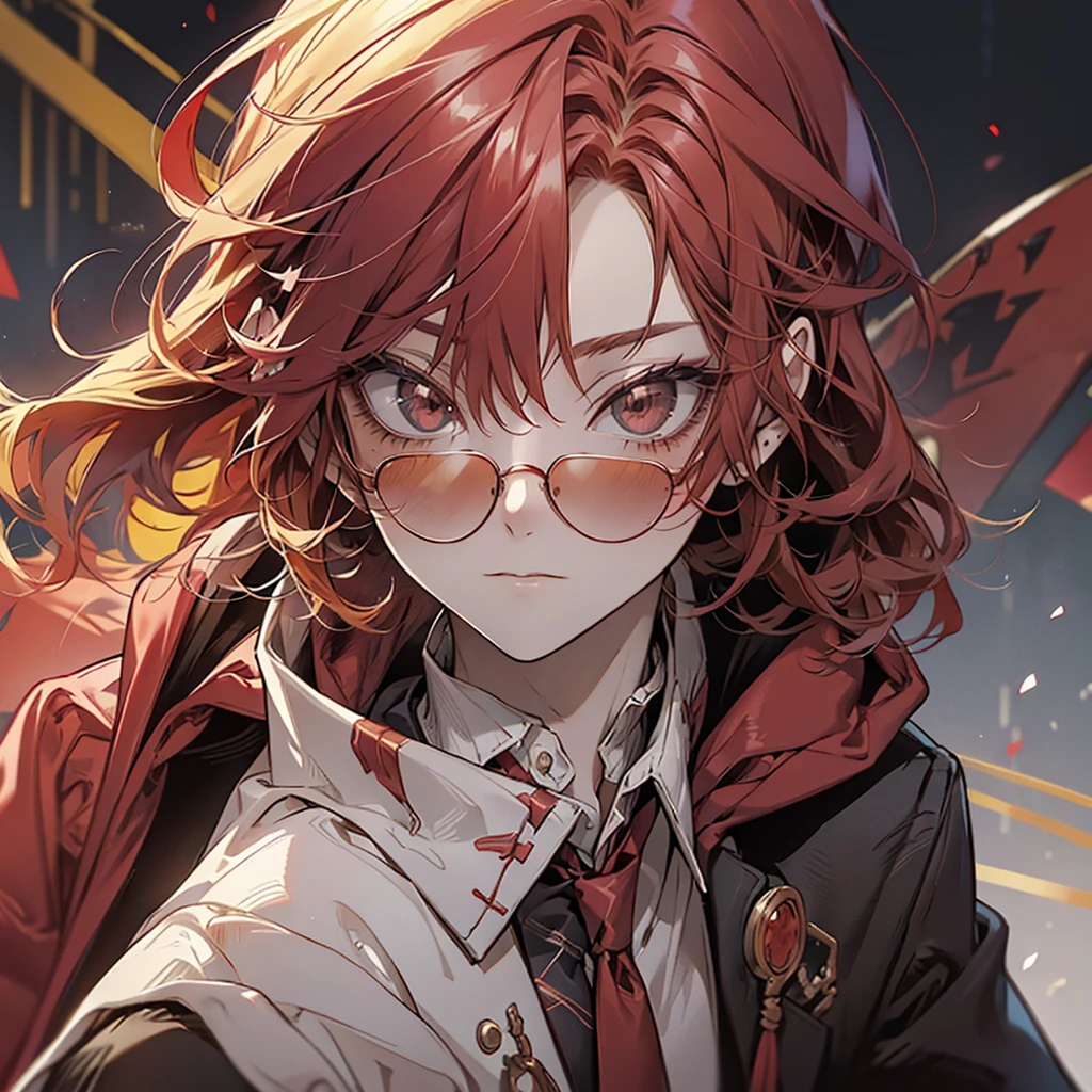 Man, red hoodie, tuxedo under hoodie, tie, blonde, cool, handsome, facing forward, red sunglasses