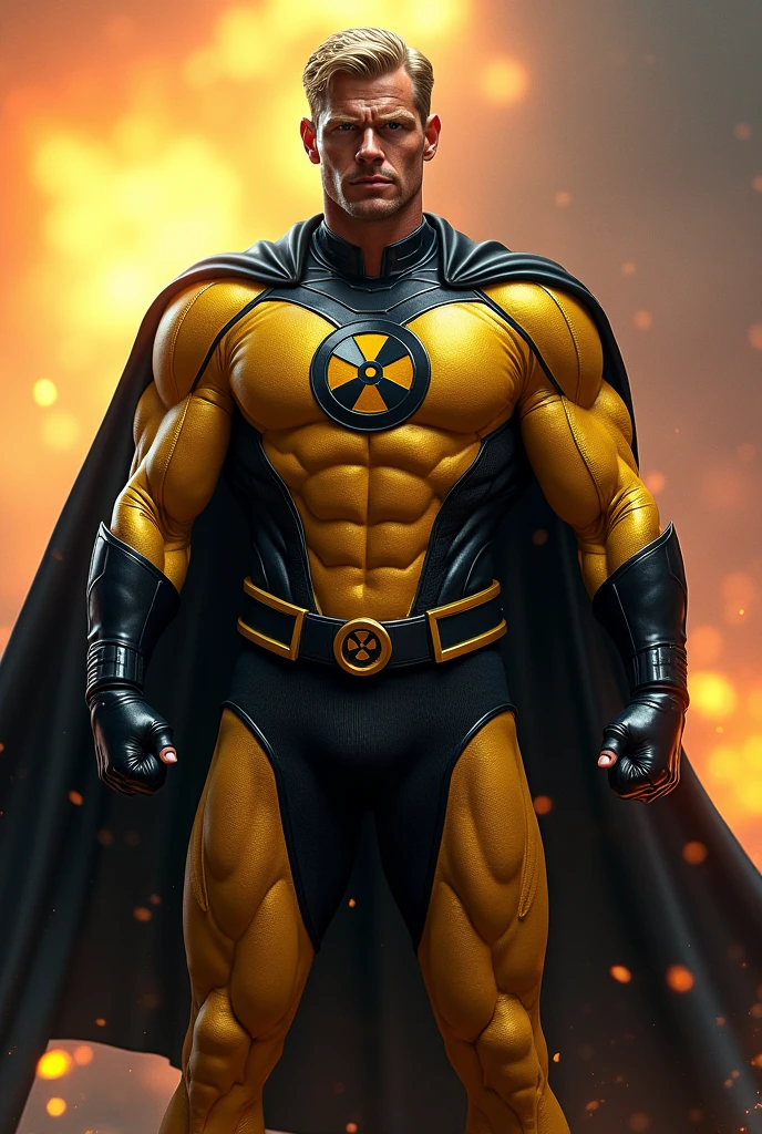 Nuclear man (superpowers, action movie, man, radiation, blonde, costume gold and black. Stylized Chest symbol, black cape, no sleeves, black arm guards