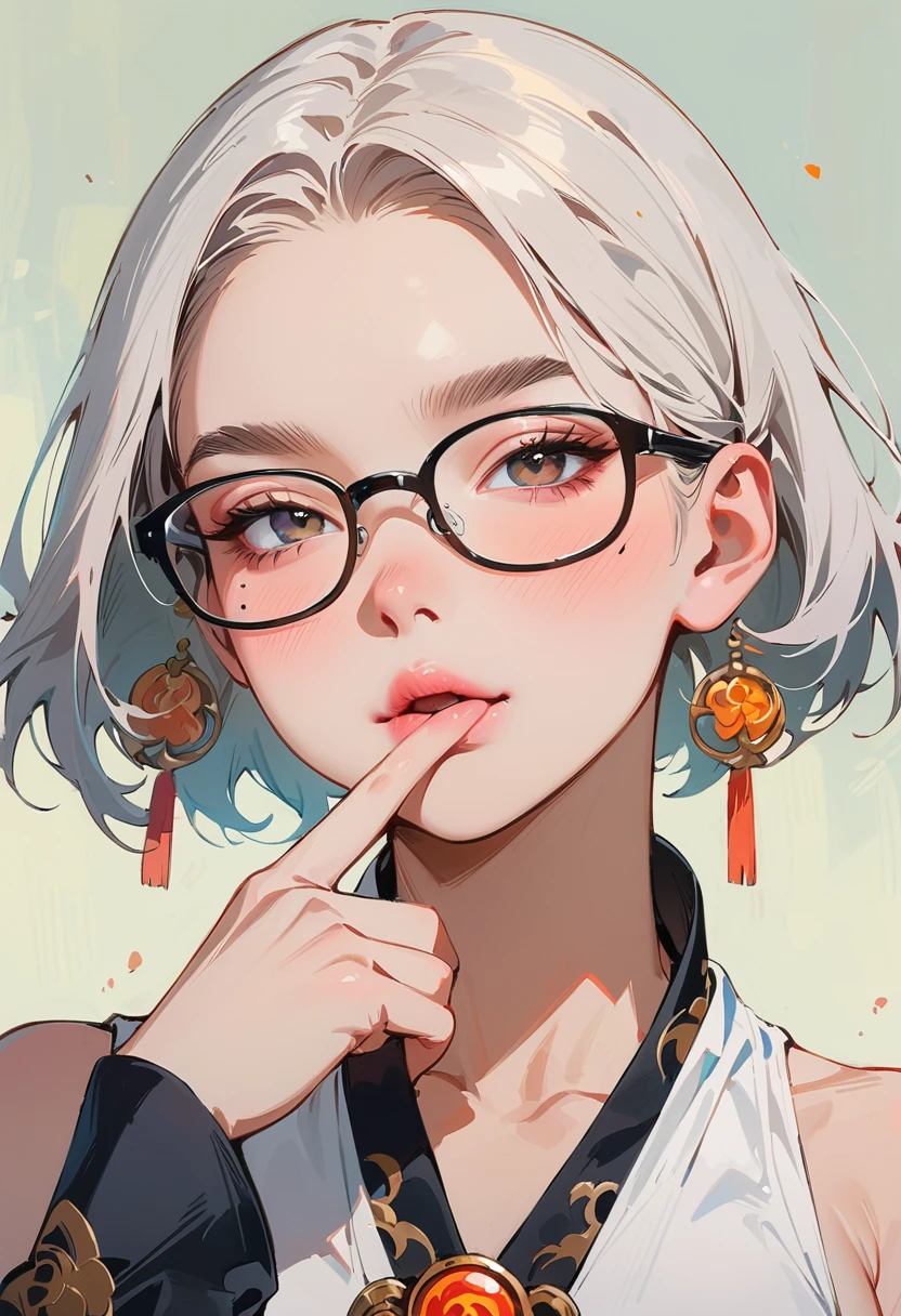 (masterpiece, best quality:1.4), 1 girl, 独奏, Anime style, Dark gray pupils, Blurred eyes, Pouting and smiling, Head slightly down, Black-rimmed glasses, Large scars on the face, Large scars, Right tear mole, Gray bald head,, Super short hair, Simple accessories, Styles of Top Portrait Artists, large breasts, White vest, White air coming out of mouth, Vision, Gray background.