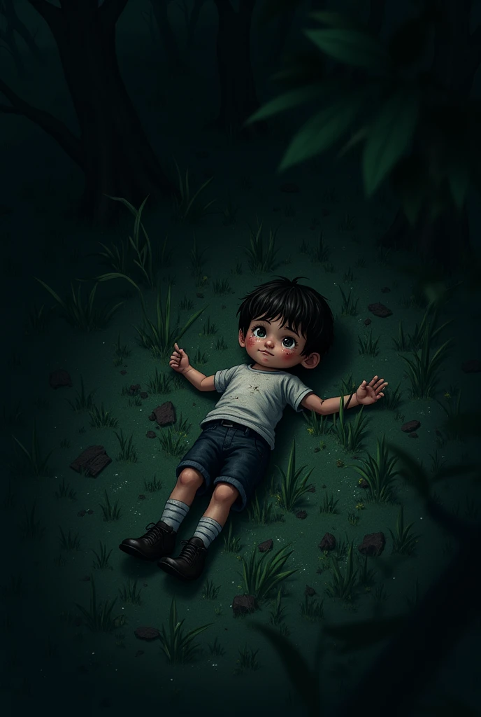 A dirty and bruised 6 year old white boy wearing black shoes and white socks lying face down on the grass in a forest on a very dark night. view from above