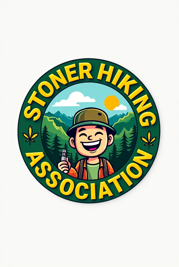 Round Logo for: Hiking club that smokes weed, with name "Stoner Hiking Association" around it, please include more weed, can you male it cartoony and cool, please fix spelling