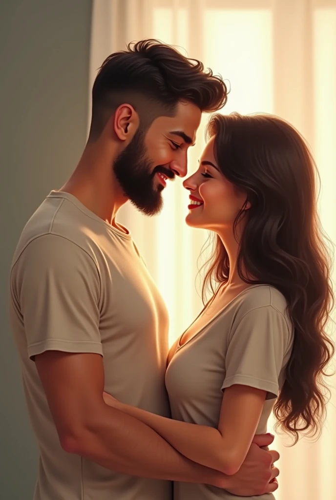 um casal, marriage, the husband has a beard and they are both a bit chubby. Husband's hair is short