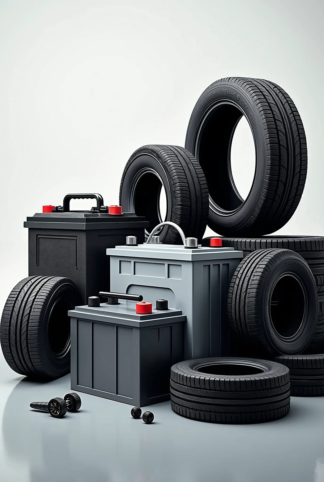 Create an eye-catching image of automotive batteries and tires