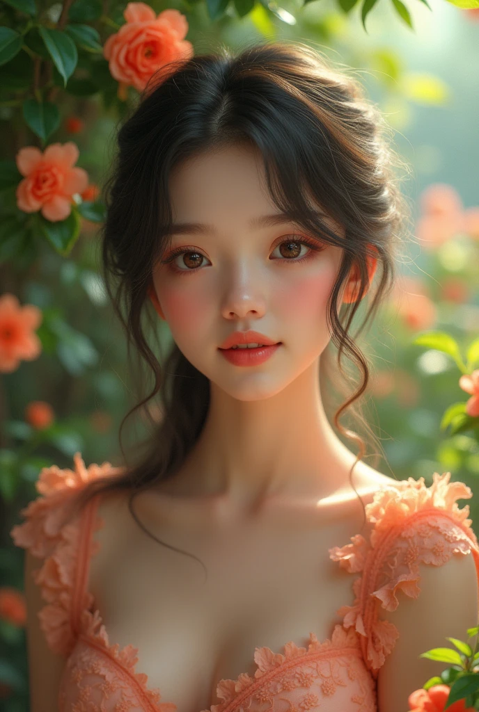 a girl in a garden wearing a beautiful bardot dress, detailed face with beautiful eyes and lips, long eyelashes, elegant pose, realistic, photorealistic, photo-realistic:1.37, best quality,4k,8k,highres,masterpiece:1.2,ultra-detailed,HDR,UHD,studio lighting,ultra-fine painting,sharp focus,physically-based rendering,extreme detail description,professional,vivid colors,bokeh,intricate,highly detailed,stunning,dramatic lighting,beautiful garden,nature,lush greenery,flowers