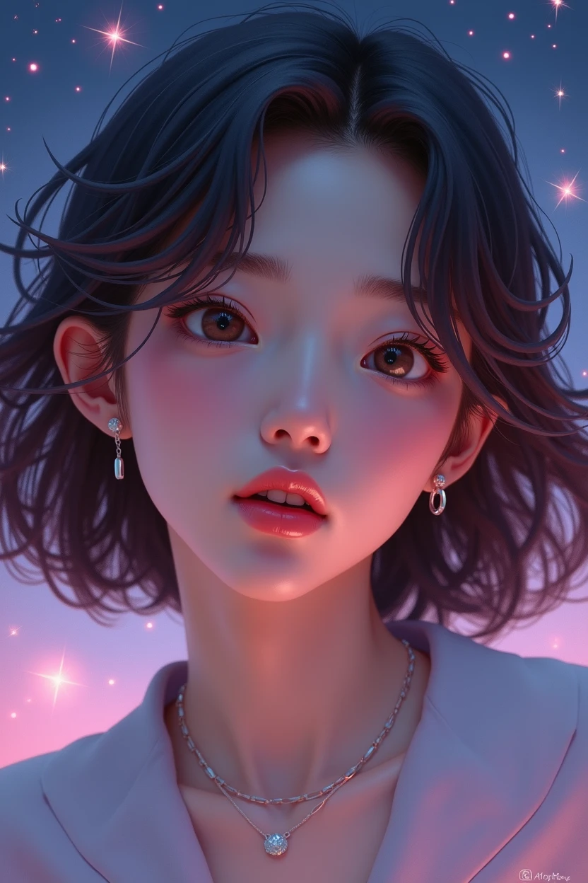 A portrait shot of A realistic young woman with korean features. with short, wavy hair colored light brown. Energetic expression. The background is pastel purple/ dark blue with stars
