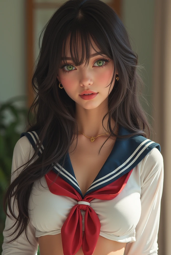 nsfw, Top quality, RAW images, real face, incredibly beautiful girl, cute, silky, Very beautiful Spanish,soft and shiny hair, Depth of written borders, High accuracy, Very detailed,ملابس تدريب ،عيون ووجه Very detailed, students sharp, Real students, Intense focus, Cinema Lighting, small, (small breasts:1.2), (Moderate build, , cute), thin hips, (Moderate build waist:1.2), Sensitive and sexy collarbone, Bright green eyes(sailor suit:1.2), (Lifting sailor suit to show off a small cute bra:1.5)))、