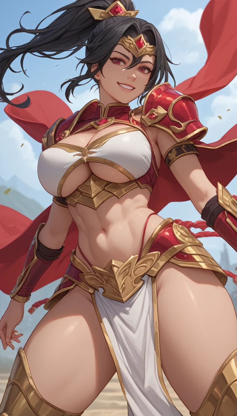 score_9, score_8_up, score_7_up, score_6_up, source_anime, BREAK 1girl, closed smile, looking at you, masterpiece, best quality, busty, athletic body, crimson gold mage armor, gold trim, scales, under boob, cleavage, exposed midriff, dynamic action pose, long black hair in a ponytail, pelvic curtain, thick thighs 