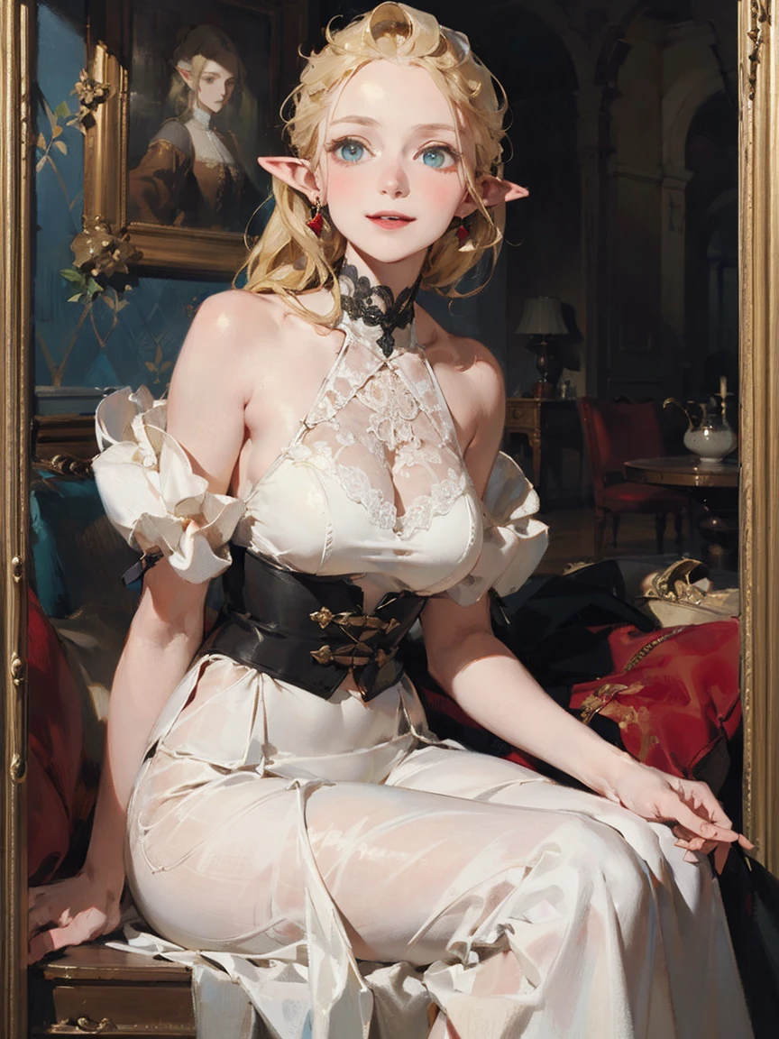 Gothic fashion woman,(masterpiece, Highest quality) detailed,Silver Accessories , blonde ,Pointy Ears ,(Lace Underwear),Double Tail,Waist-length hair,smile,White lace socks,Rococo、Gorgeous dress