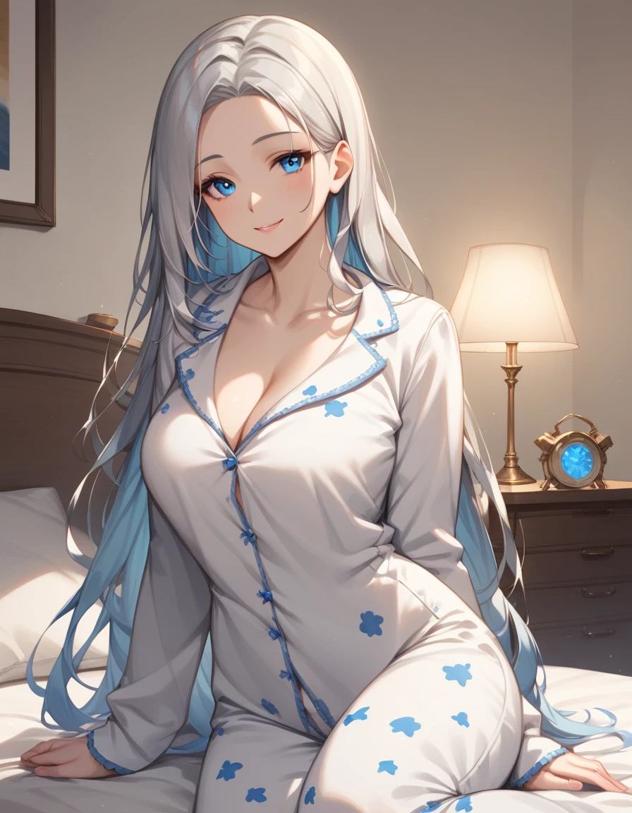 1 girl, ((Girl is curvy, beautiful and tall)), ((silver blue ombre hair))((Long hair))((Bang)), ((blue eyes)), ((white pajama with blue spots)), ((bedroom, onbed)), looking at viewer, smiling warmly, 8k, masterpiece, night time, ray tracing, best quality, detailed eyes, (SuperQuality:1.0) ~ (SuperQuality:1.2)