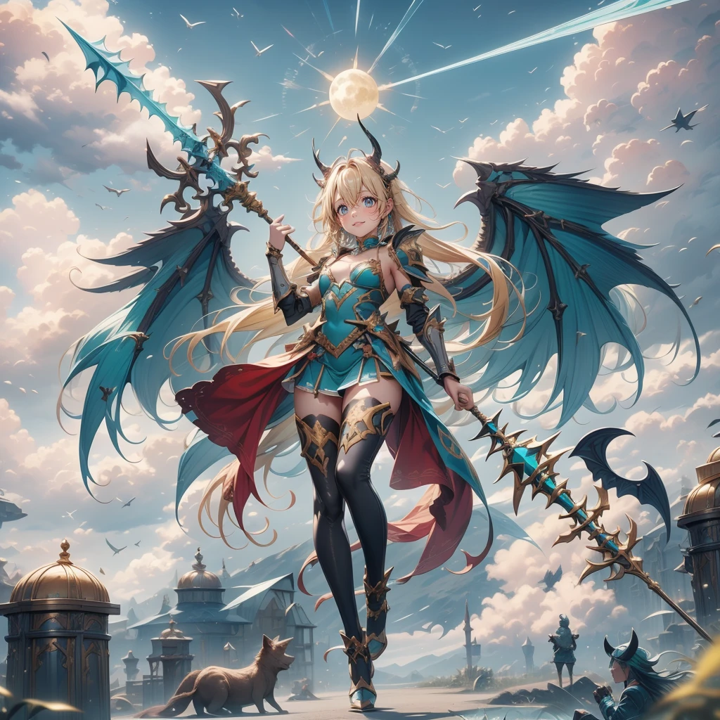 (Turquoise fantasy style) ,(8K),(illusory),Solitary,1 Girl,Yellow hair, Devil's Point,Gradient Wing, Practical, best quality, masterpiece, Ultra Detailed, Ultra-high resolution,rest (outdoor),Flying in the sky,moon,spear,Look at the audience,Scary face，Metal skirt armor，Metal leggings