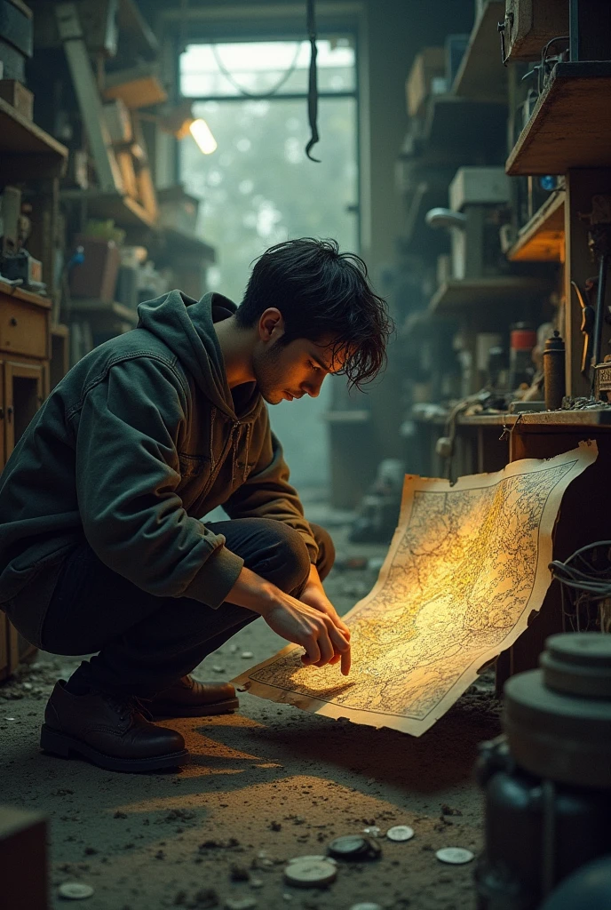 Nico is in an old car workshop, surrounded by tools and car parts. In a dusty corner, He is pulling out an old map from under a tarp. The map is full of details and looks old