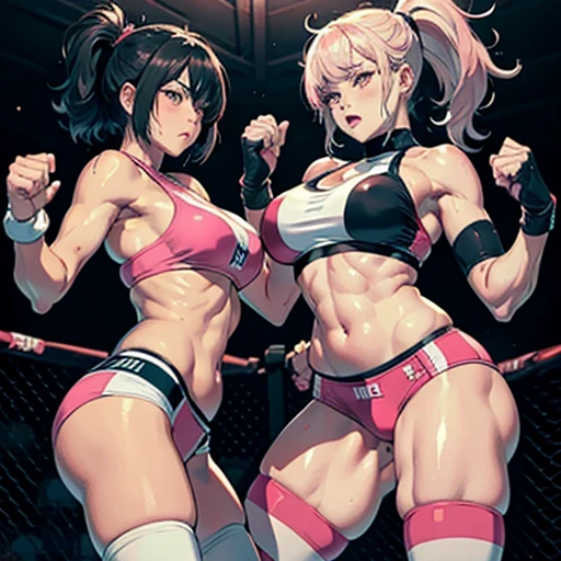 punch, punch, punch. two bloody beautiful Japanese female heavyweight fighters are looking at each eyes. life or death struggle. survival battle. dynamic exciting action in the octagon fighting ring. whole body picture. they are beating each other so hard. their punches to each other's faces. they are covered in scars and bruises. they are damaged terribry. Short-cut black hair, out of breath, drooling from mouth, one eye closed, exhausted, drenched in sweat. Erect nipples. open finger glove.  Ragged white and pink sports bra, high leg panty, Stockings. armwarmers. Whittled waistline, Muscular, six pack abs, very thick arms and thighs, super huge tits.