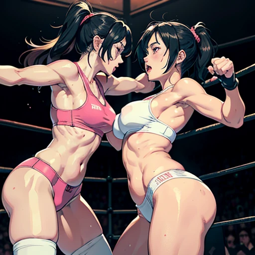 punch, punch, punch. two bloody beautiful Japanese female heavyweight fighters are looking at each eyes. life or death struggle. survival battle. dynamic exciting action in the octagon fighting ring. whole body picture. they are beating each other so hard. their punches to each other's faces. they are covered in scars and bruises. they are damaged terribry. Short-cut black hair, out of breath, drooling from mouth, one eye closed, exhausted, drenched in sweat. Erect nipples. open finger glove.  Ragged white and pink sports bra, high leg panty, Stockings. armwarmers. Whittled waistline, Muscular, six pack abs, very thick arms and thighs, super huge tits.