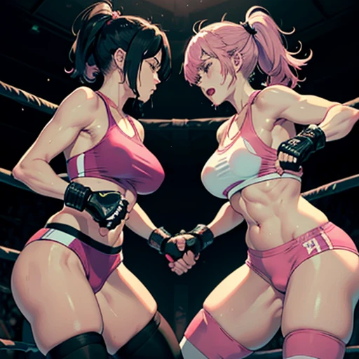 punch, punch, punch. two bloody beautiful Japanese female heavyweight fighters are looking at each eyes. life or death struggle. survival battle. dynamic exciting action in the octagon fighting ring. whole body picture. they are beating each other so hard. their punches to each other's faces. they are covered in scars and bruises. they are damaged terribry. Short-cut black hair, out of breath, drooling from mouth, one eye closed, exhausted, drenched in sweat. Erect nipples. open finger glove.  Ragged white and pink sports bra, high leg panty, Stockings. armwarmers. Whittled waistline, Muscular, six pack abs, very thick arms and thighs, super huge tits.