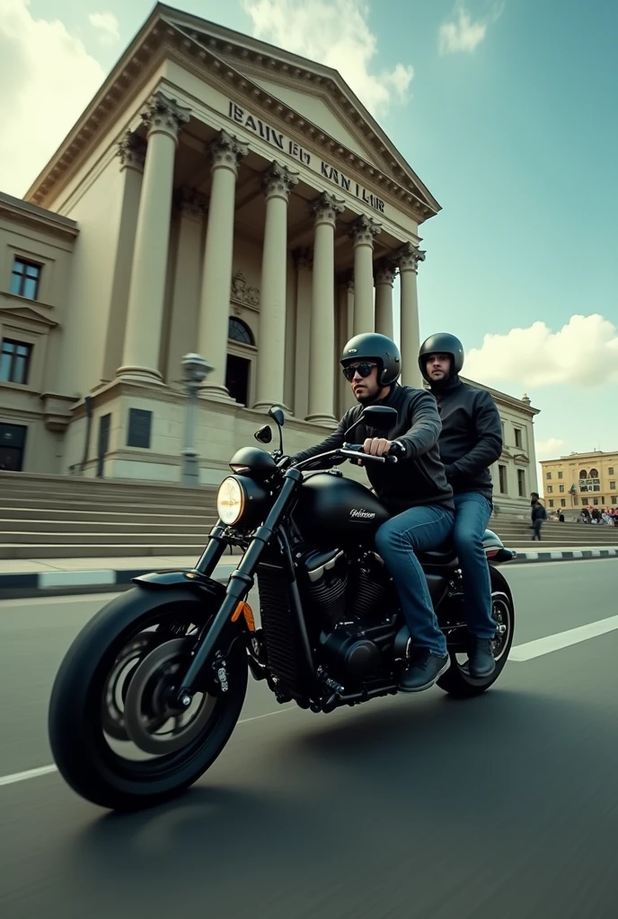 Angle camera wide shot from the side Theres 2 person (male) on a motorcycle who just arrived in bank building and park their motorcycle infront of it. the bank name is bank pinar (make it landscape images)