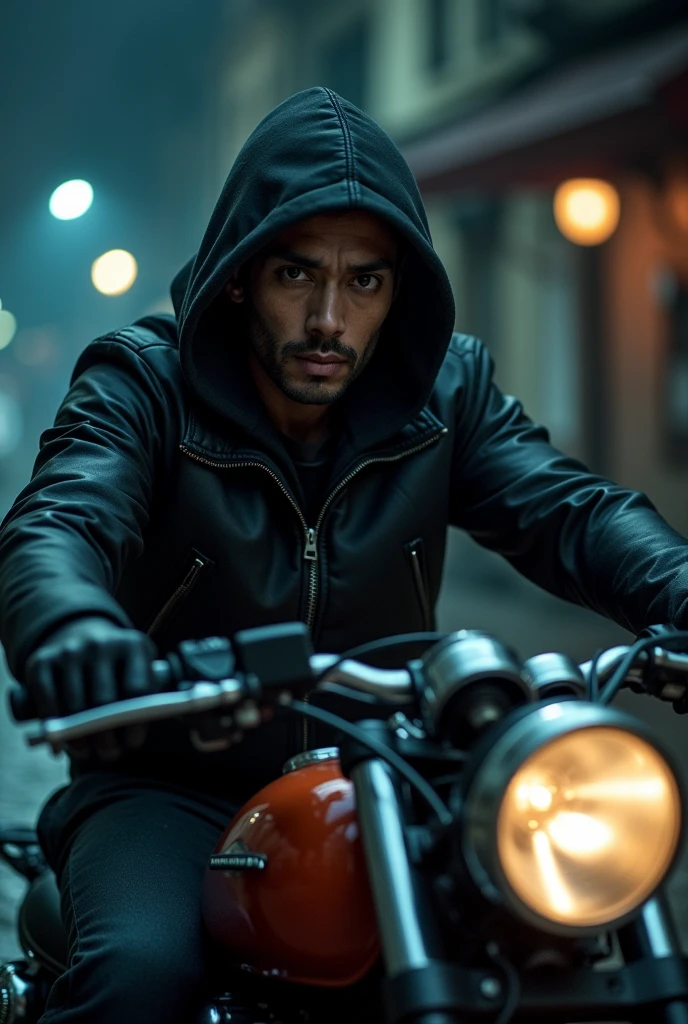 Asian dark-skinned man in black hoodie on motorcycle