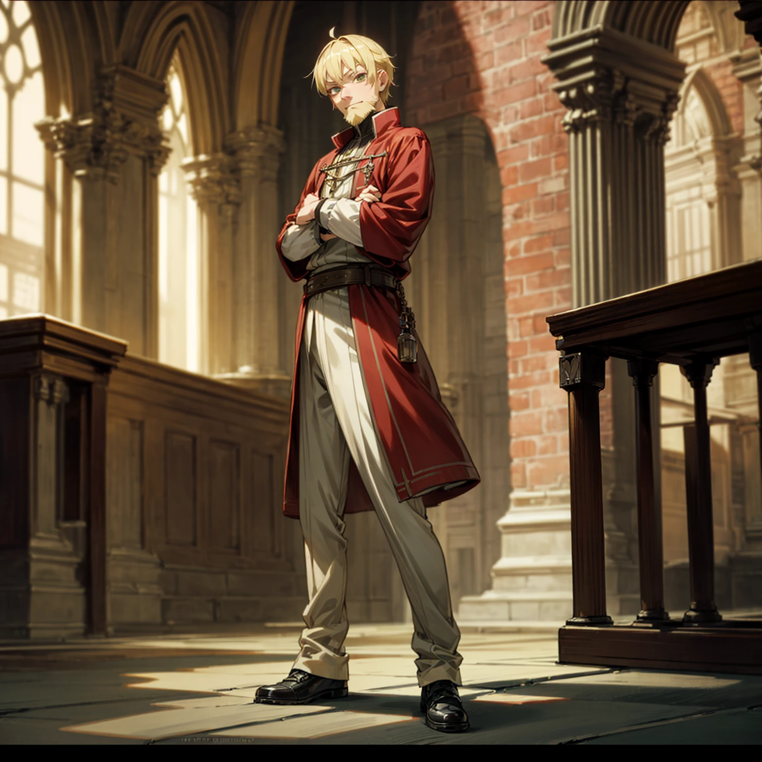 Solo character, full body version, old man, thin beard, green eyes, blonde color hair, short bob hair, royal king outfit, red Coat, shoes, indoor, Castle, cage, medieval, morning, standing gesture, detailed background, detailed clothing, detailed hair, happy eyes, (food wars style art, Bleach style art)