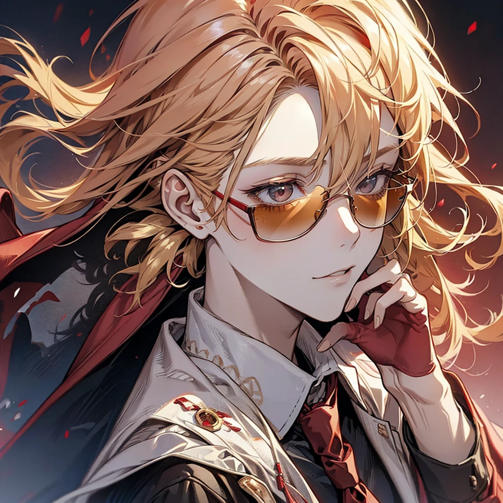 Man, red hoodie, tuxedo under hoodie, tie, blonde, cool, handsome, facing forward, red sunglasses, blonde