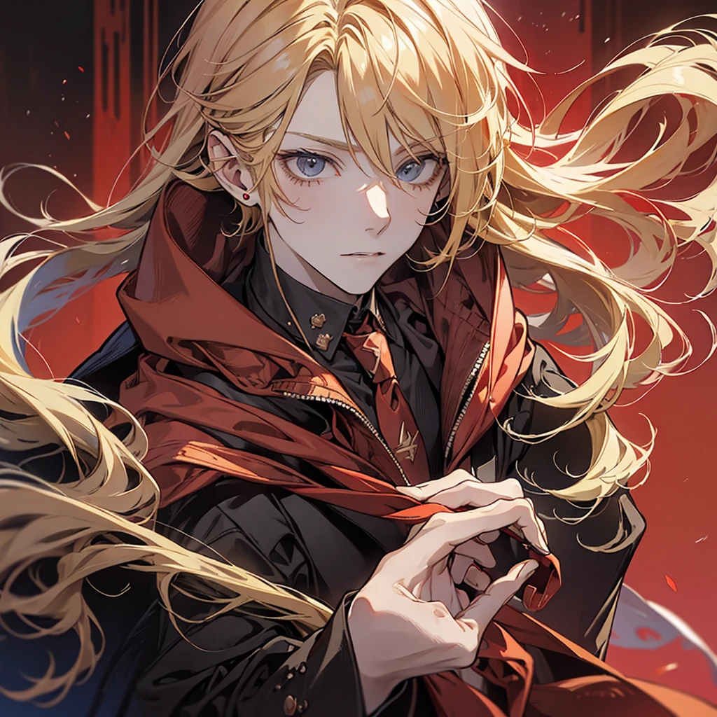 Man, red hoodie, tuxedo under hoodie, tie, blonde, cool, handsome, facing forward, red sunglasses, blonde