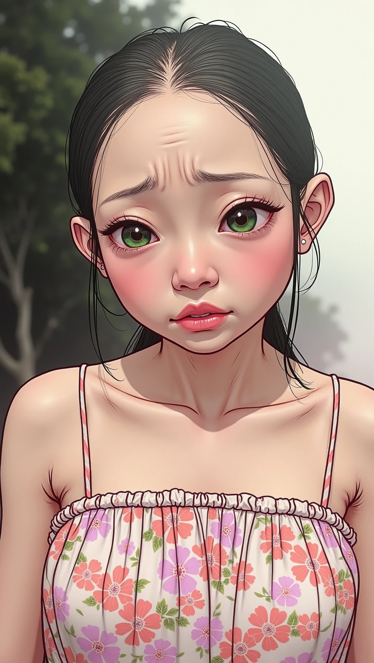 ((Saggy tits:1.5)), ((Gigantic tits:1.7)), (from behind up) seductive pose, ((Thin:2.1)), (Happy smile), (((HIJAB MALAY GIRL))), masutepiece, High quality, UHD 32K, Realistic face, Realistic skin feeling , A Japanese Lady, 58 years old matured lady, (((FLAT CHEST))), (Night time at forest), ((look In front  at the camera and SADNESS)), (((GREEN FLUORESCENT & GREEN FLUORESCENT))), ((GREEN FLUORESCENT LIPS)), ((Floral Pattern)), ((wearing strapless top)), dark night background , black forest night, horror scary place,