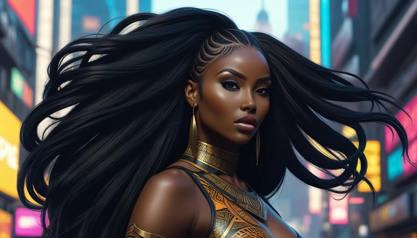 (((Full body: 1.5))), ((dark-skinned beautiful African woman: 1.7)) with very long black hair, strong body, thick athletic body, cyberpunk background, Realistic, top quality picture, 4K, ultra HD |, ((master part))), (((best quality))), ((ultra detail)),(Highly detailed CG illustration), Cinematic light, camera: Choose an angle that highlights the beauty of the character. resolution: Aim for a high-resolution artwork to showcase intricate details and clarity