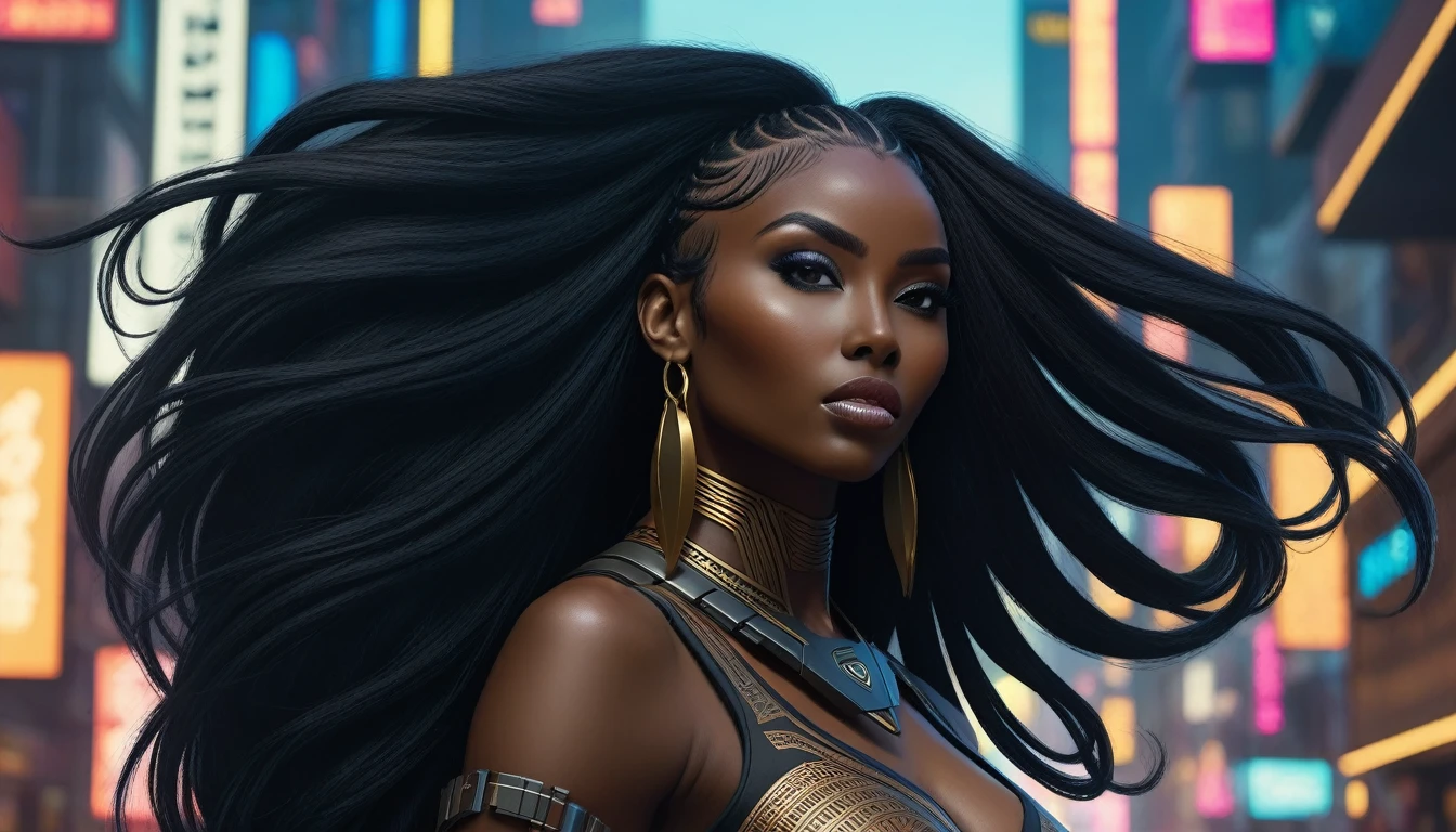 (((Full body: 1.5))), ((dark-skinned beautiful African woman: 1.7)) with very long black hair, strong body, thick athletic body, cyberpunk background, Realistic, top quality picture, 4K, ultra HD |, ((master part))), (((best quality))), ((ultra detail)),(Highly detailed CG illustration), Cinematic light, camera: Choose an angle that highlights the beauty of the character. resolution: Aim for a high-resolution artwork to showcase intricate details and clarity