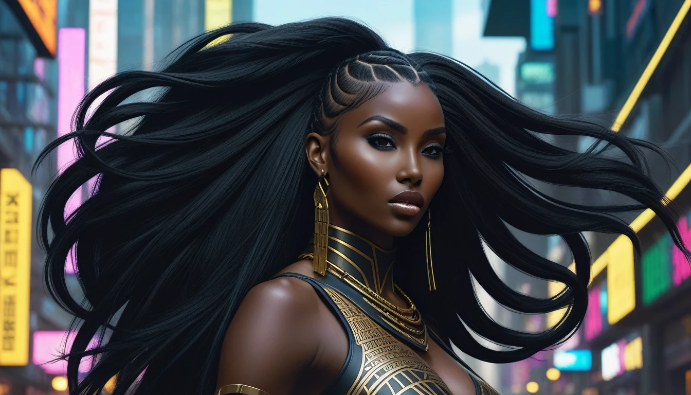 (((Full body: 1.5))), ((dark-skinned beautiful African woman: 1.7)) with very long black hair, strong body, thick athletic body, cyberpunk background, Realistic, top quality picture, 4K, ultra HD |, ((master part))), (((best quality))), ((ultra detail)),(Highly detailed CG illustration), Cinematic light, camera: Choose an angle that highlights the beauty of the character. resolution: Aim for a high-resolution artwork to showcase intricate details and clarity