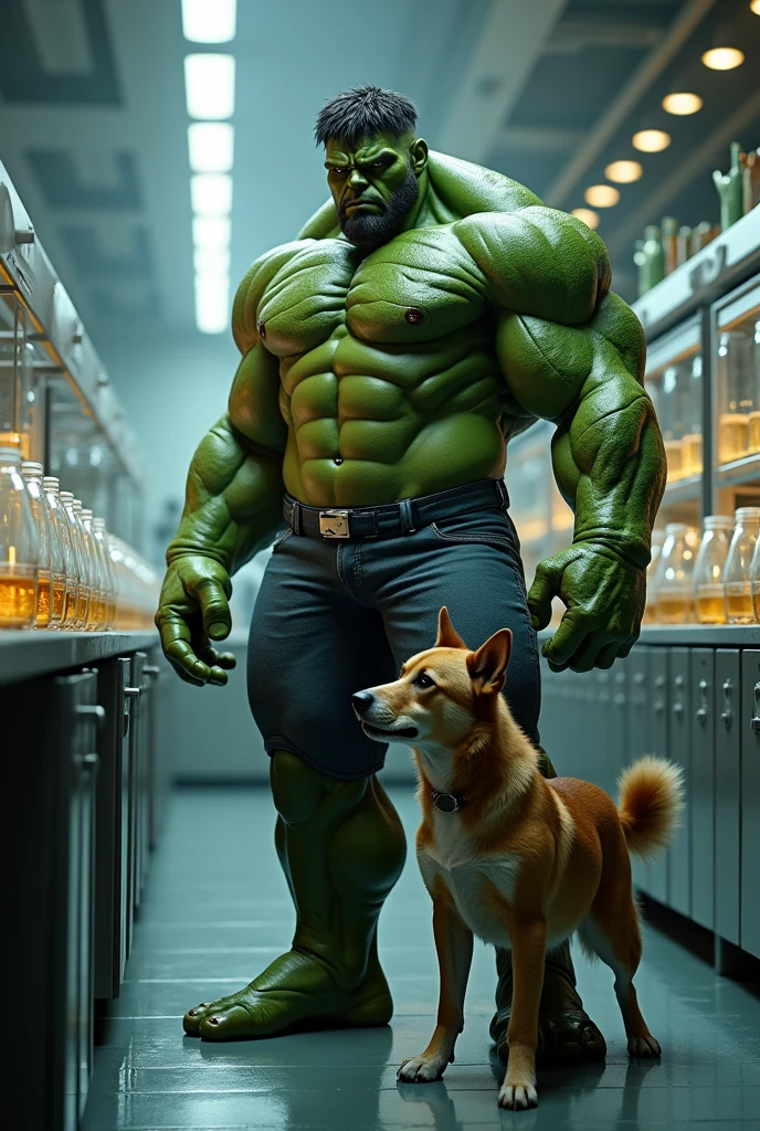 A hulk and a dog in a science lab and in two jar