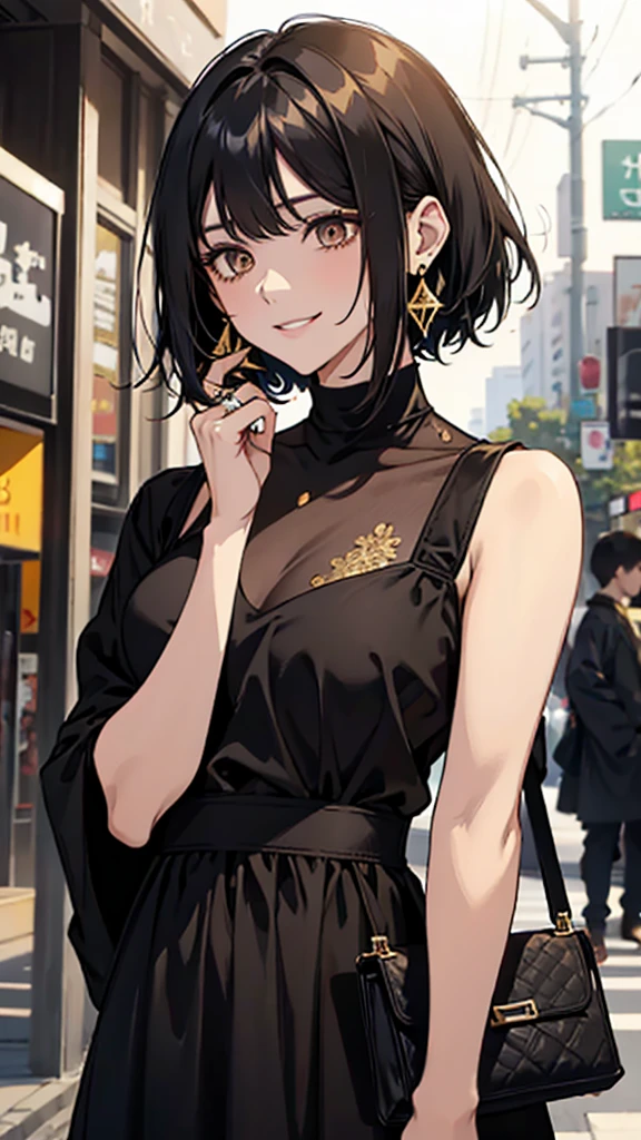 、Lonely smile、Black Short Hair、Black and gold eyes、large ring earrings、Casual brown long dress、Black small bag、Upper Body