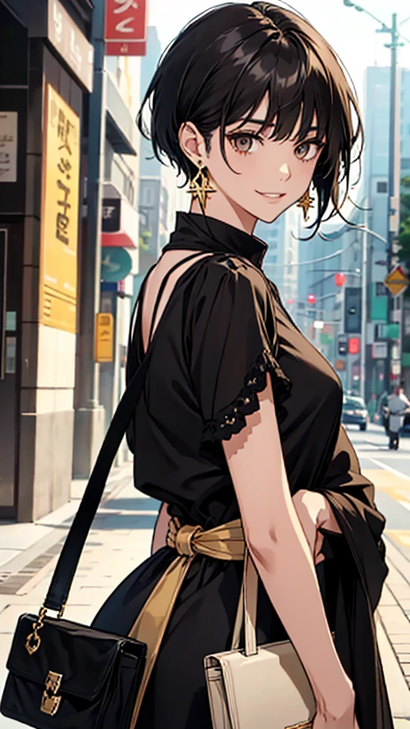 、Lonely smile、Black Short Hair、Black and gold eyes、large ring earrings、Casual brown long dress、Black small bag、Upper Body
