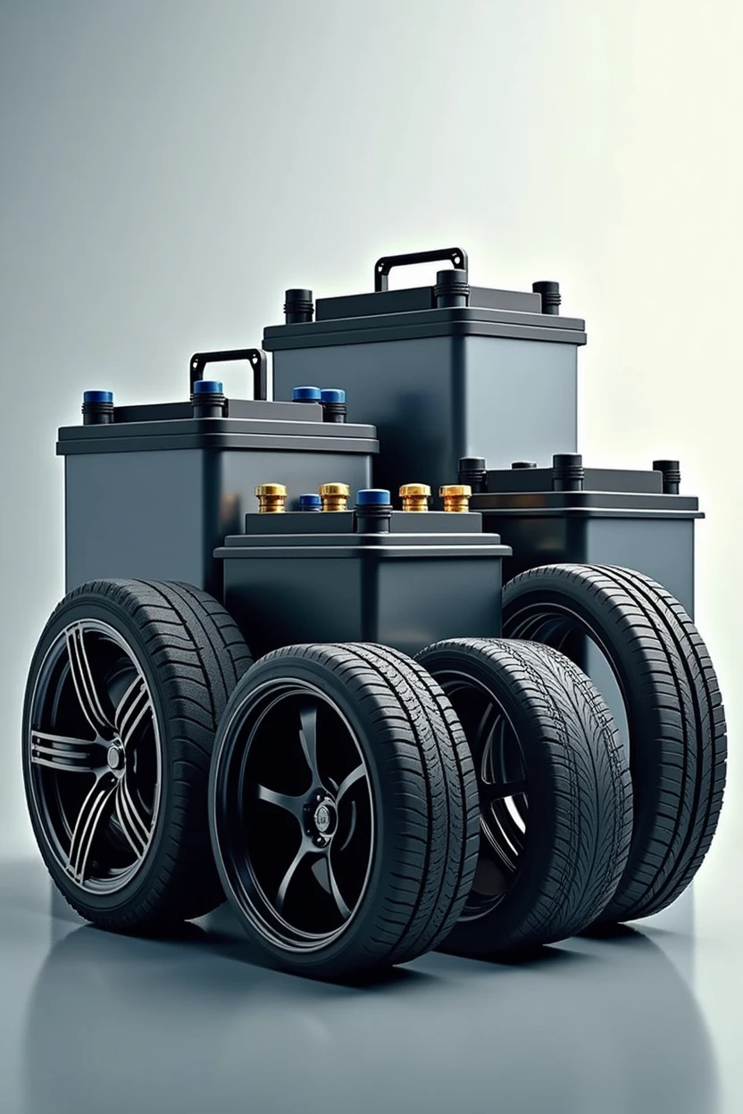 Create an eye-catching image of automotive batteries and tires