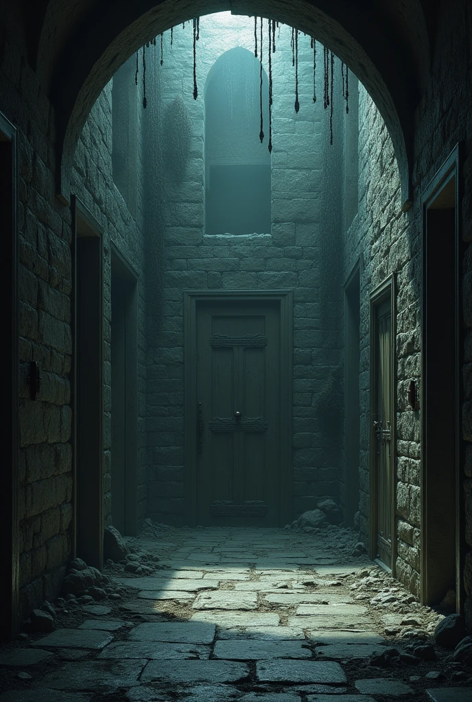 a dark dungeon room filled with old doors