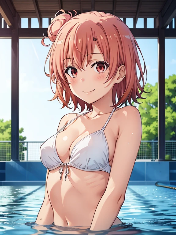 ((masutepiece, Best Quality, hight resolution, nffsw, Perfect Pixel, depth of fields, 4K, )), 1girl in, Solo, , Beautiful anime girl, Beautiful Art Style,
very low view angle:1.3, view from below:1.5, swimming:1.3, pool,
Perfect body, smile face:1.5 shot from below:1.4, white bikini:1.3,
Yuigahama Yui, Hair bun, short hair, medium breasts,
Full face blush, red face,
straight on:1.3, medium shot