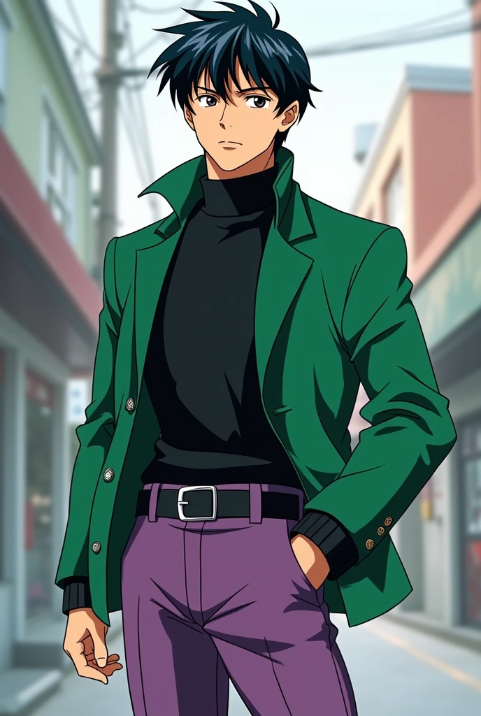 Mamoru chiba sailor moon 90's anime style, purple pants, green jacket, black sweater