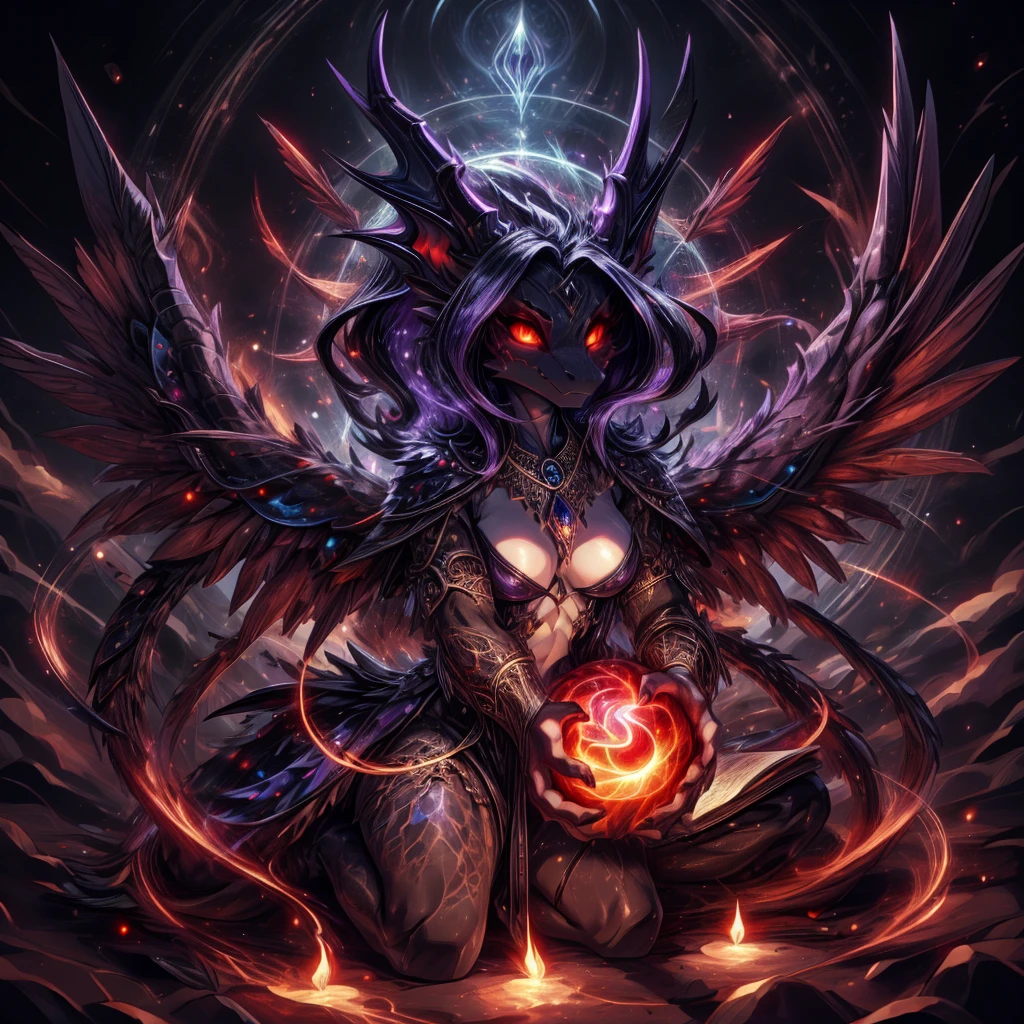 24 year old slutty girl, black skin with blue, Arab, furry, furry art, the debt, witch clothing, malignant aura, dragon wings, body with scales and feathers, energy ball, casting sorceress spell, red evil eyes, evil spell, black aura His eyes are large and expressive, Resplendent irises of blue and purple hues