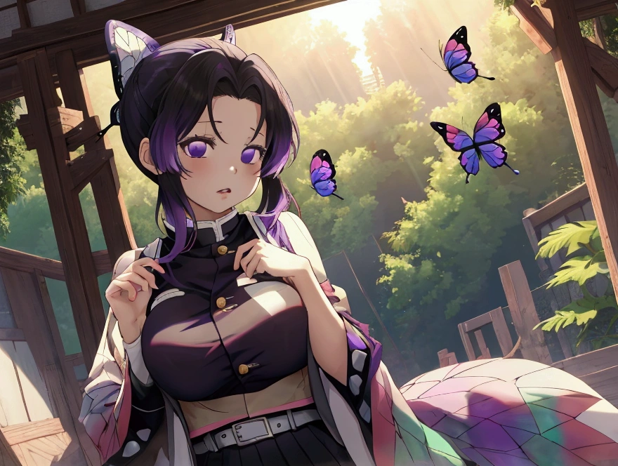 Kochou Shinobu, 1girl,masterpiece, multicolored hair,sleeveless, purple eyes, black jacket,black skirt,uniform, white haori, , multiple butterflies, , laked sunset, lens flare, perfect lighting, highest quality, hands behind, thick thighs, large breasts, highest quality, high resolution.lifting her uniform,tits on display 