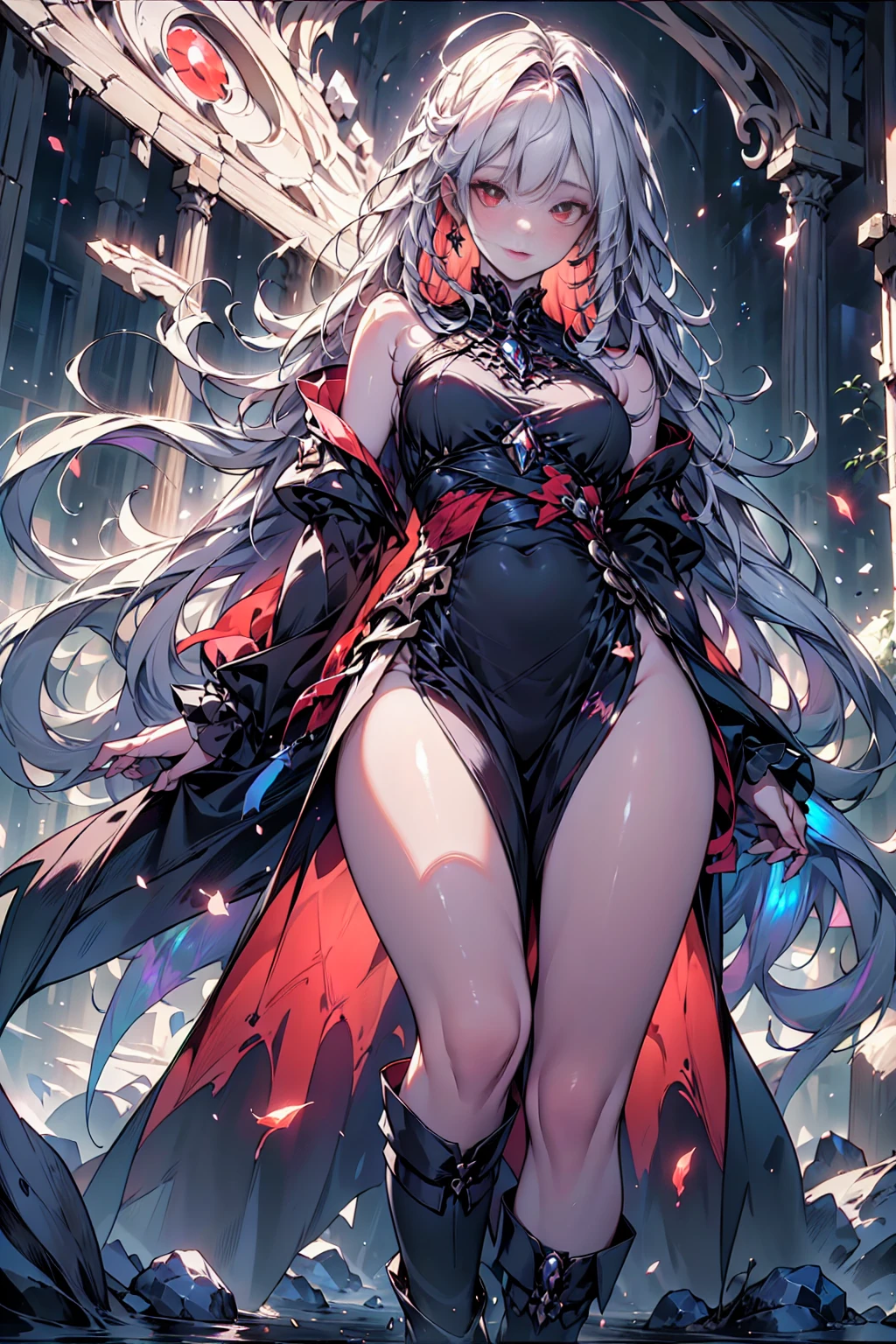Girl with long white hair down to her waist, with small red details, red eyes, long black dress with a leg slit, with red details, long black boots up to below the knees, white skin, the ground around her is cracking and small stones are floating around her surrounded by a black aura, she is surrounded by shadows, and the background is dark like the night with the universe and stars, her presence causes fear, her shadow appears to be a monster, 8k, high quality, full body, (ultra-realistic), {extremely detailed 8k CG unit wallpaper}, expansive landscape photograph, (light: 2.0), (warm light source: 1.5), complex details, (iridescent colors: 1.5), (bright lighting), (atmospheric lighting), surreal, impressive, fantasy, (Solo: 1.2), White moon