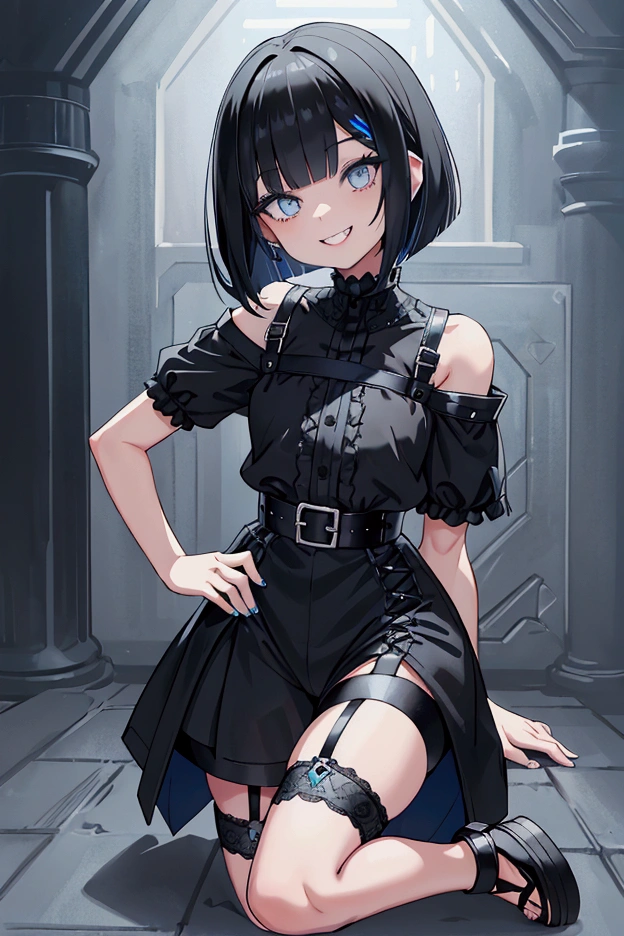 Above shoulder bob hair、Trimmed bangs、whole body、Light blue inner color、Black hair color、Slanted Eyes、Silver Eyes、Double teeth、smile、Black oversized short sleeve T-shirt、Gothic clothing、Short trousers、Black platform sneakers、whole body図、smile、One Woman、garter belt、Character portrait