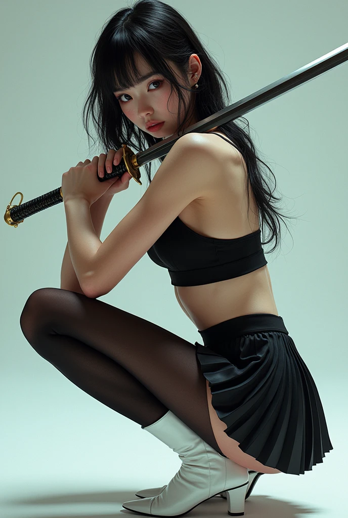 masterpiece, Best Quality, super rendering, super Realistic, High Detail Face, Clean and delicate face, whole body, Crouch and swing a long sword, gcyberpunk girl seductive pose, wearing a camisole and pleated mini skirt, bare ass, open legs, Sleeveless, black pantyhose, white short boots, glaring at the viewer, simple color background