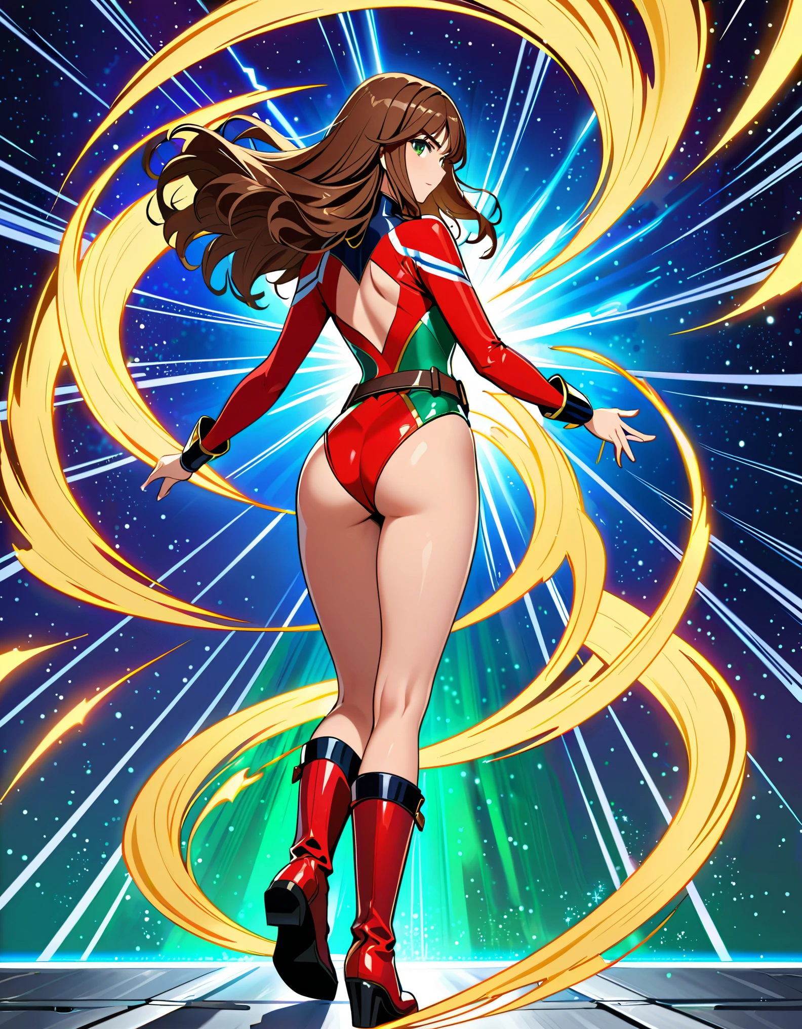 (masterpiece), (best quality), (high res), 1lady, tall body, finger proportions coordination, highly detailed, professional, beautiful detailed eyes, beautiful detailed face, perfect hands, complete fingers, perfect anatomy, perfect proportions, ((brown hair, medium hair, hair down)), ((green eyes)), ((leotard, (red leotard), matching leotard)), (bare legs), (boots, matching boots, knee-high boots, yellow boots), breasts, medium breasts, looking at viewer, solo, solo focus, cowboy shot, space backdrop, (((fastened tight belt))), (blue sleeves, yellow cuffs), ((yellow hawk/(symbol/)) on chest), full body costume design. standing straight, (fast spin, dynamic spin pose, spins fast in place like a tornado, whirls fast in place like a tornado, tornado whirling, spiral lines around her, speed lines around her, spinning energy pulse around her, storm winds around her, whirls into a tornado, (she whirls) at (super speeds)). full body costume design. curved sword slash. she super-spins, whirlwind, time travel, time warp. (((rear view, back view, from behind)))