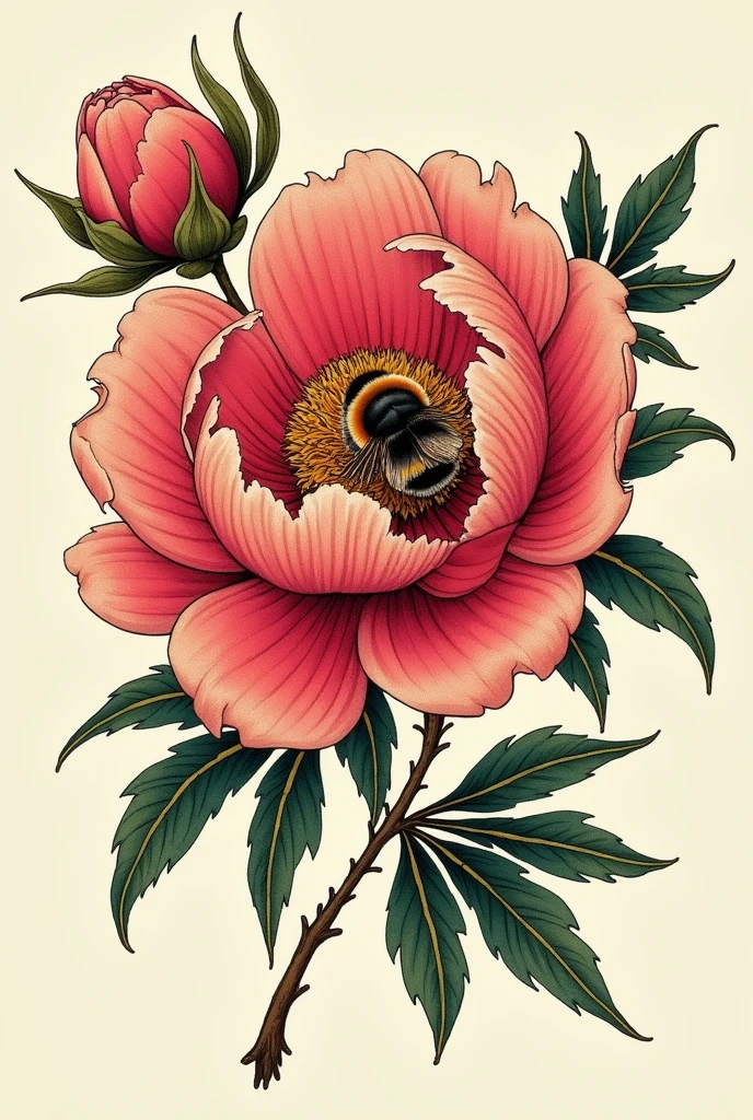 I want a peony with a small bee and with color harmony and in tattoo style.