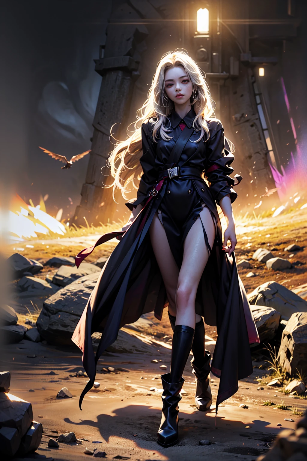 Girl with long white hair down to her waist, with small red details, red eyes, long black dress with a leg slit, with red details, long black boots up to below the knees, white skin, the ground around her is cracking and small stones are floating around her surrounded by a black aura, she is surrounded by shadows, and the background is dark like the night with the universe and stars, her presence causes fear, her shadow appears to be a monster, 8k, high quality, full body, (ultra-realistic), {extremely detailed 8k CG unit wallpaper}, expansive landscape photograph, (light: 2.0), (warm light source: 1.5), complex details, (iridescent colors: 1.5), (bright lighting), (atmospheric lighting), surreal, impressive, fantasy, (Solo: 1.2), White moon