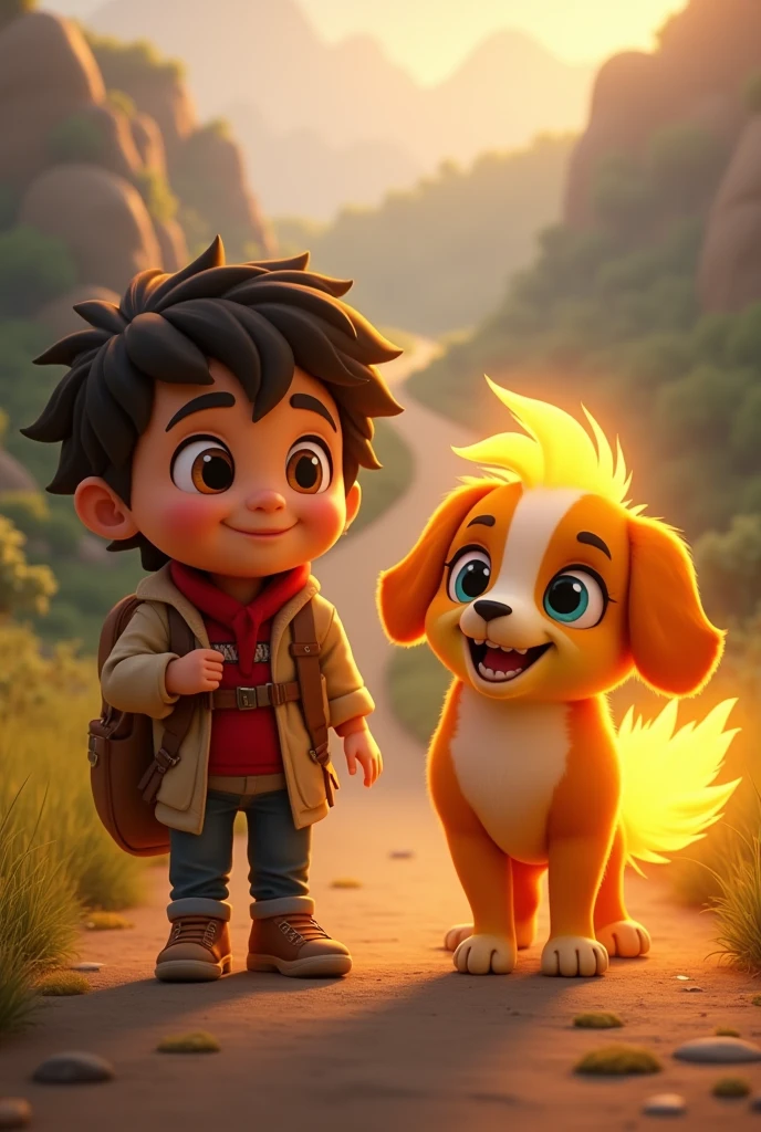 Nico and Turbo are returning home, with the road in the background showing the beginning of their adventure. Nico is smiling as he looks at the landscape, and Turbo seems to glow with a golden light.